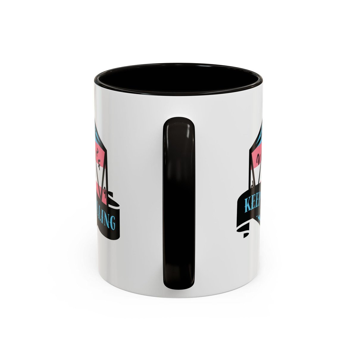 trans flag d2o dice mug, keep rolling, rpg dice mug, cute ttrpg gift, nerdy mug gift, transgender pride flag mug