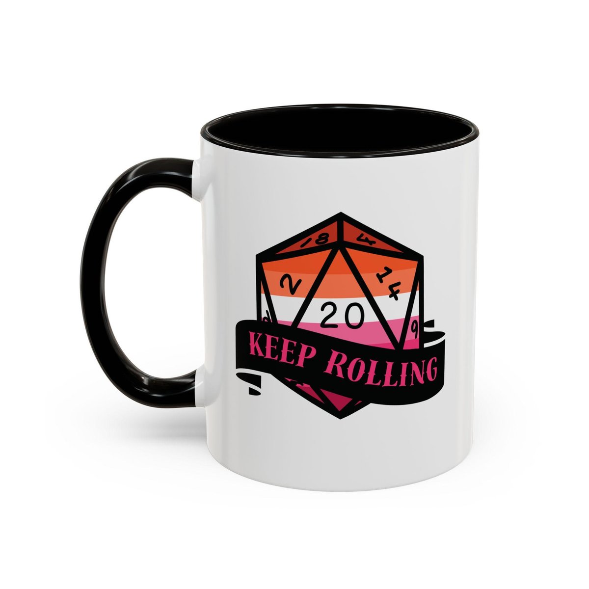 lesbian flag d20 dice mug, keep rolling, rpg dice mug, cute ttrpg gift, nerdy mug gift