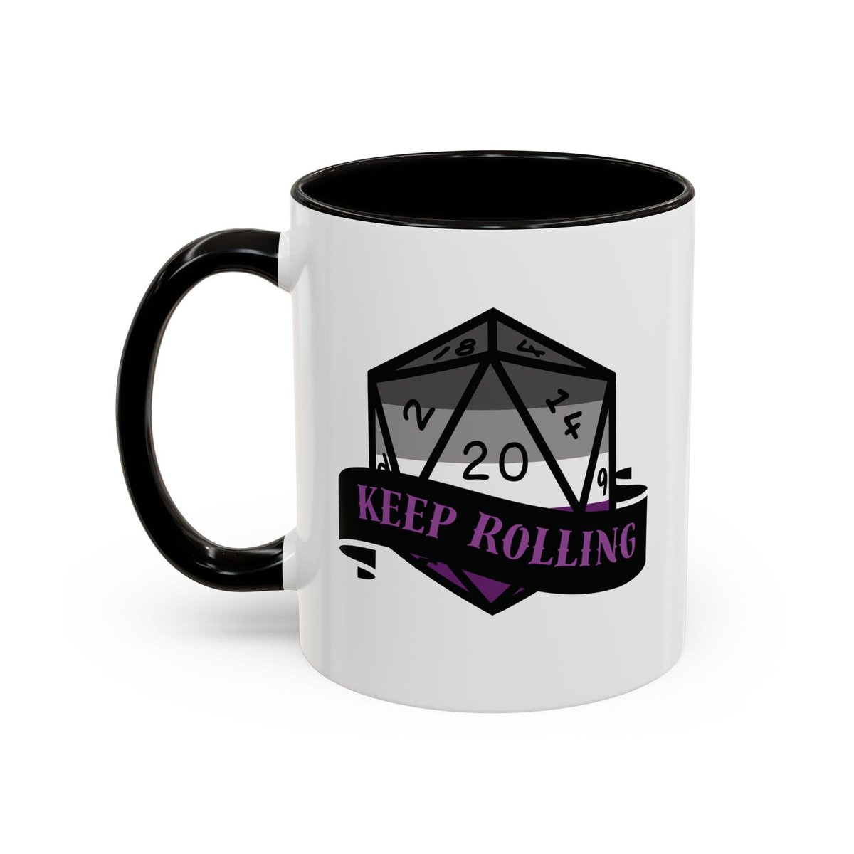 ace flag d2o dice mug, keep rolling, rpg dice mug, cute ttrpg gift, nerdy mug gift, asexual mug