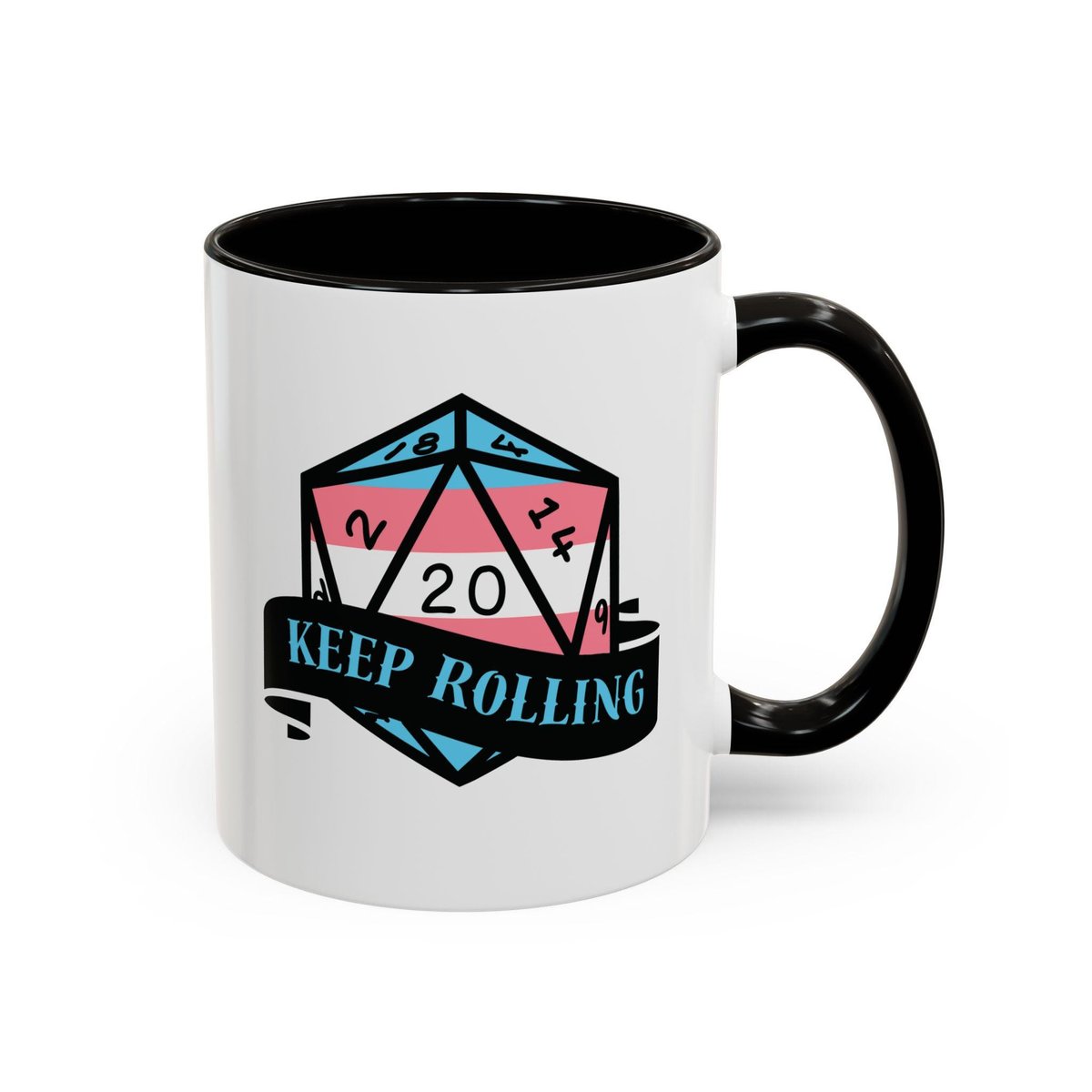 trans flag d2o dice mug, keep rolling, rpg dice mug, cute ttrpg gift, nerdy mug gift, transgender pride flag mug