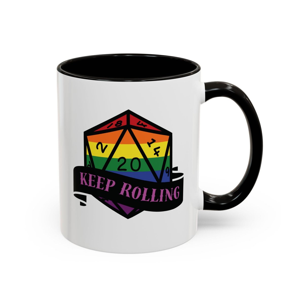 lgbt flag d2o dice mug, keep rolling, rpg dice mug, cute ttrpg gift, nerdy mug gift, pride flag mug