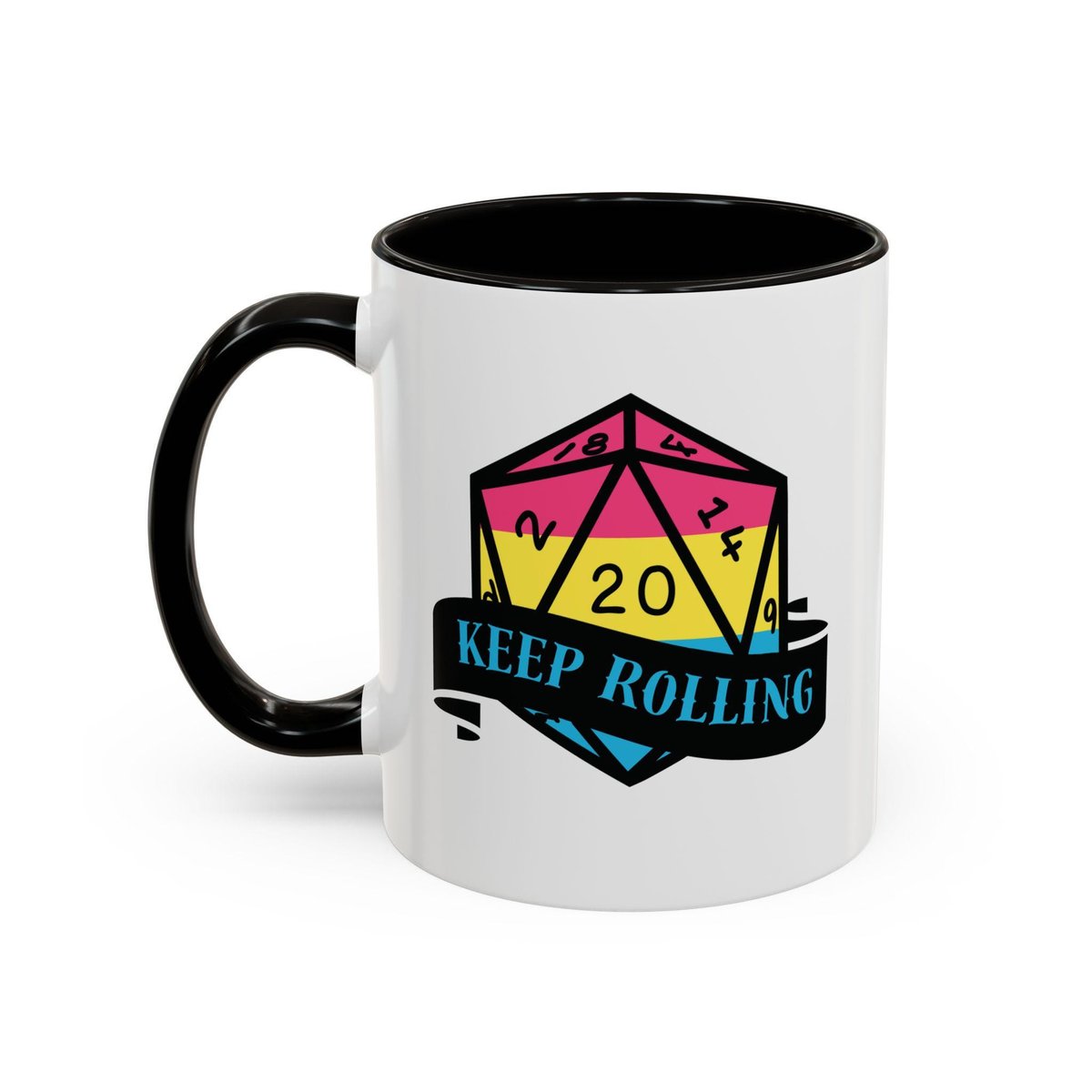 pansexual flag d2o dice mug, keep rolling, rpg dice mug, cute ttrpg gift, nerdy mug gift, pan pride flag mug