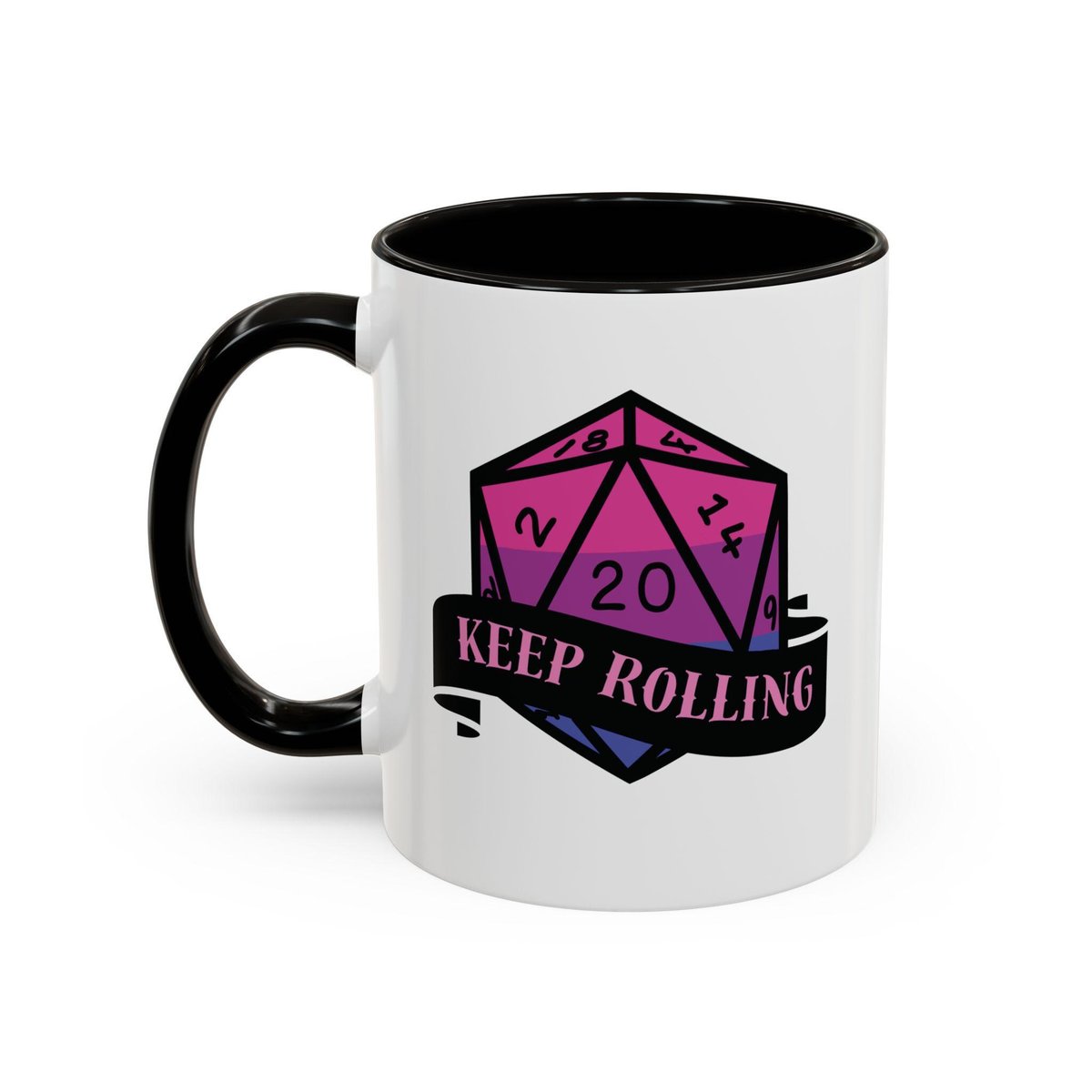 bisexual flag d20 dice mug, keep rolling, rpg dice mug, cute ttrpg gift, nerdy mug gift, bi pride flag mug