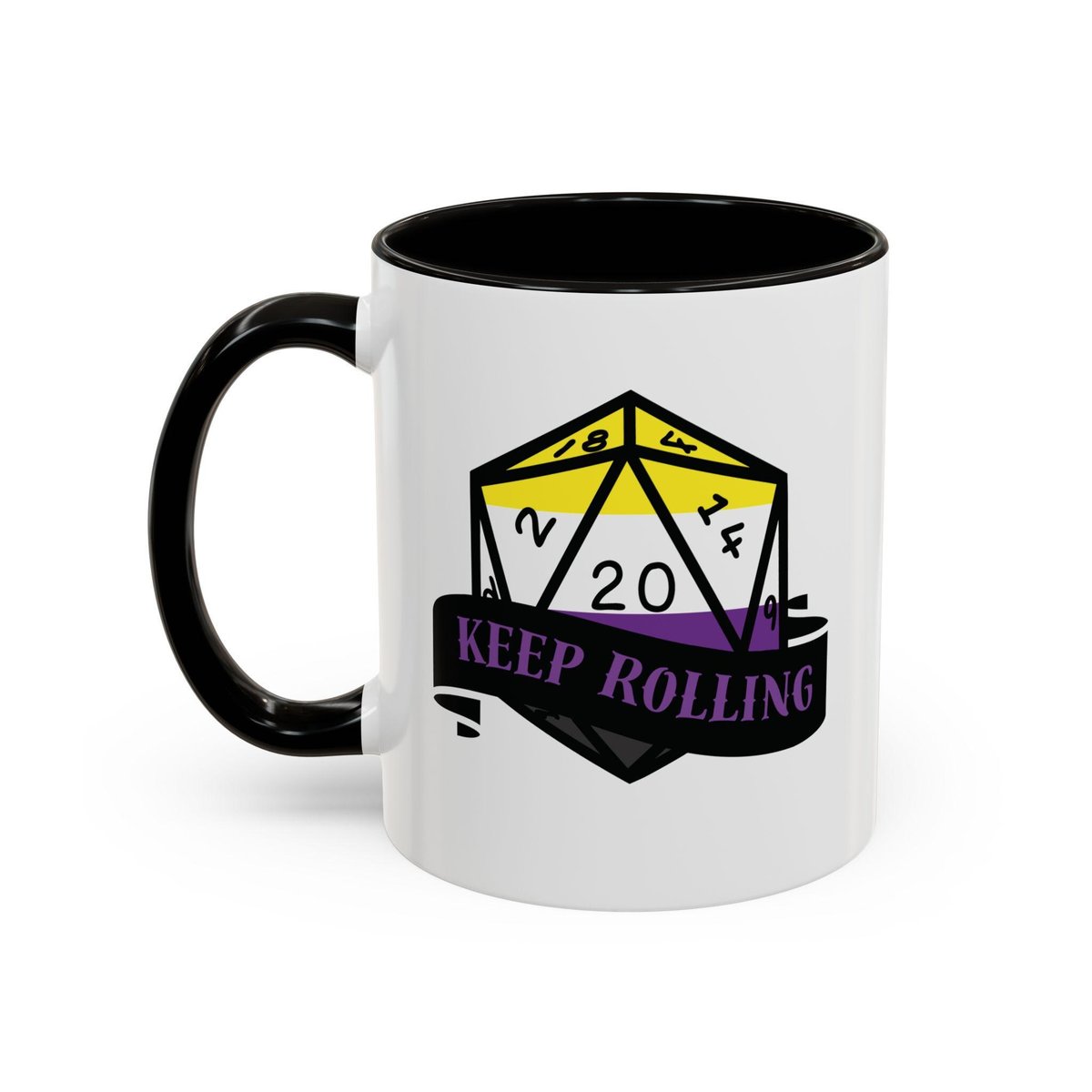 nonbinary flag d20 dice mug, keep rolling, rpg dice mug, cute ttrpg gift, nerdy mug gift, NB pride flag mug
