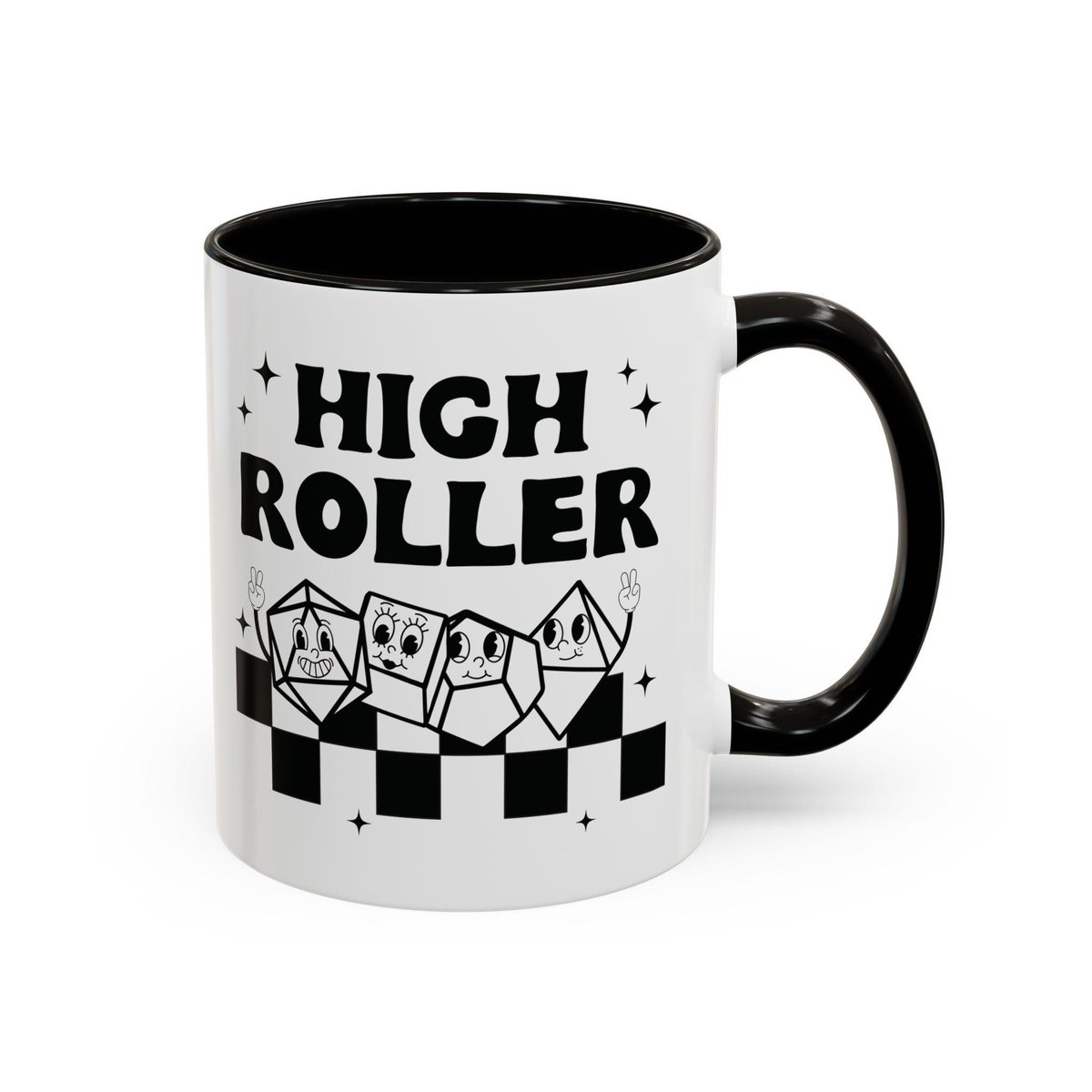 high roller mug, ttrpg dice mug, rpg dice mug, cute ttrpg gift, retro cartoon nerdy mug, gift for partner