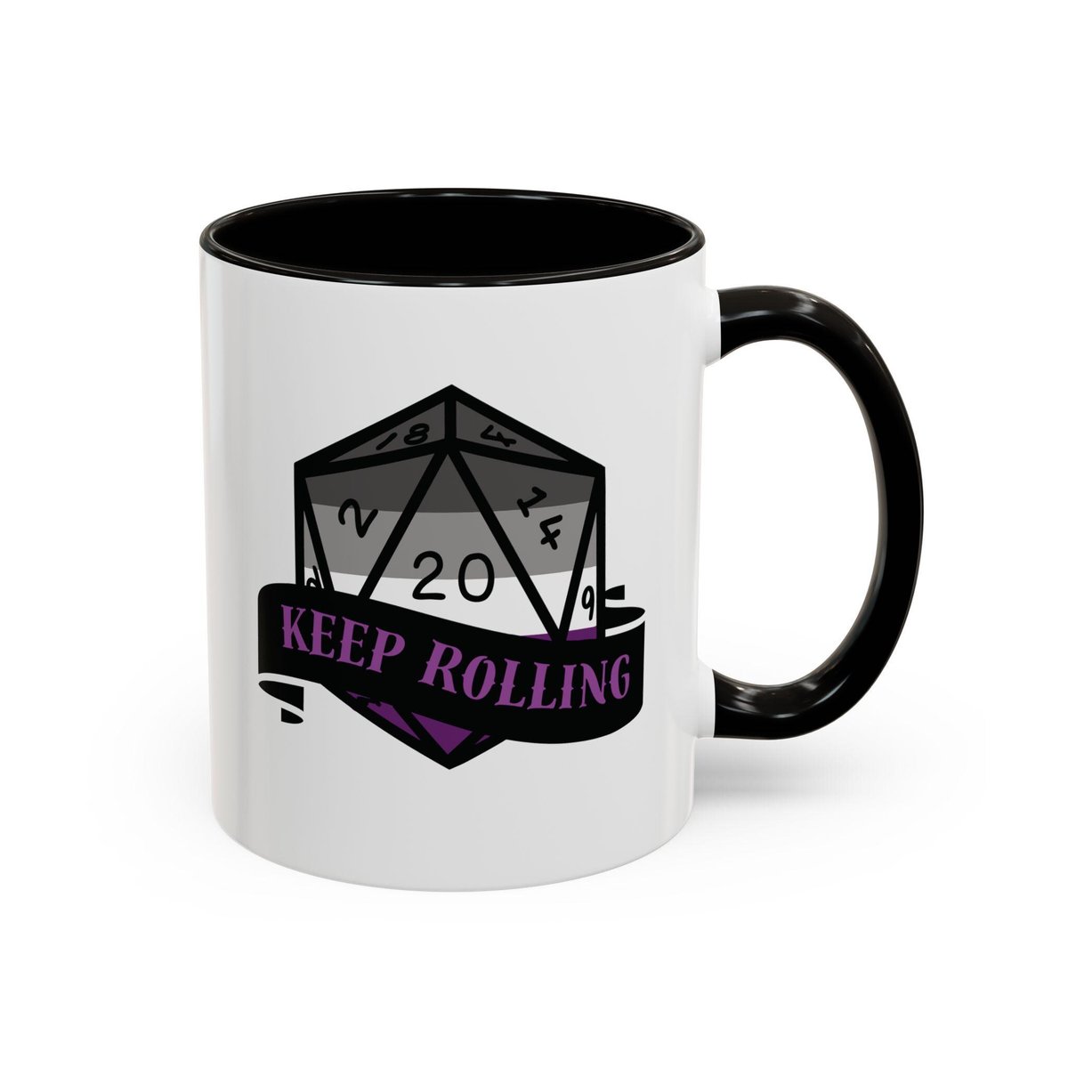 ace flag d2o dice mug, keep rolling, rpg dice mug, cute ttrpg gift, nerdy mug gift, asexual mug