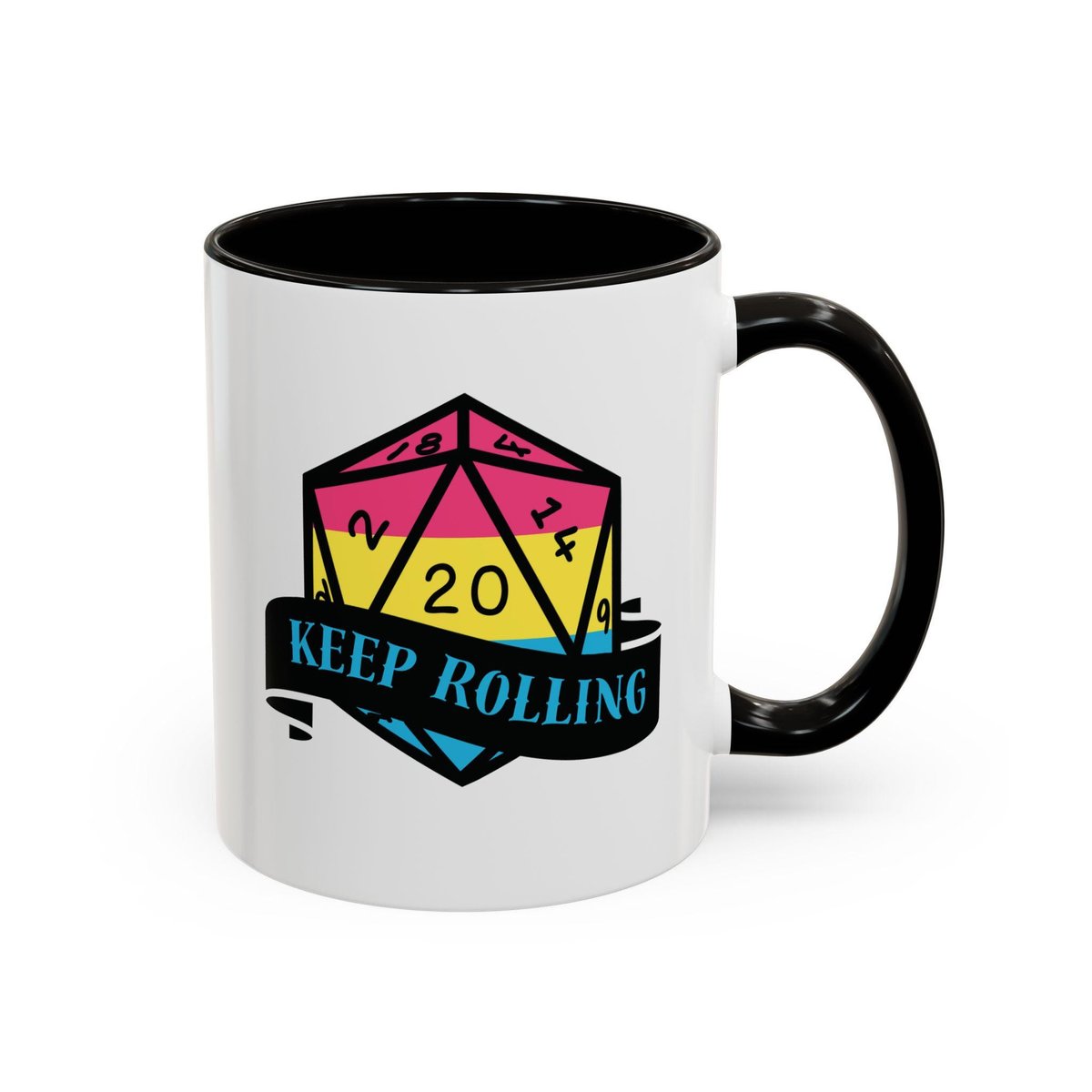 pansexual flag d2o dice mug, keep rolling, rpg dice mug, cute ttrpg gift, nerdy mug gift, pan pride flag mug