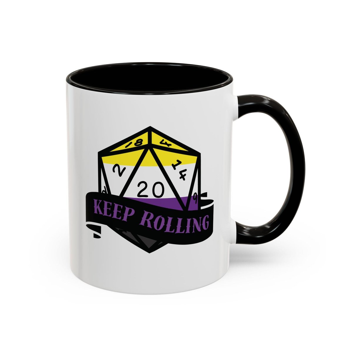 nonbinary flag d20 dice mug, keep rolling, rpg dice mug, cute ttrpg gift, nerdy mug gift, NB pride flag mug