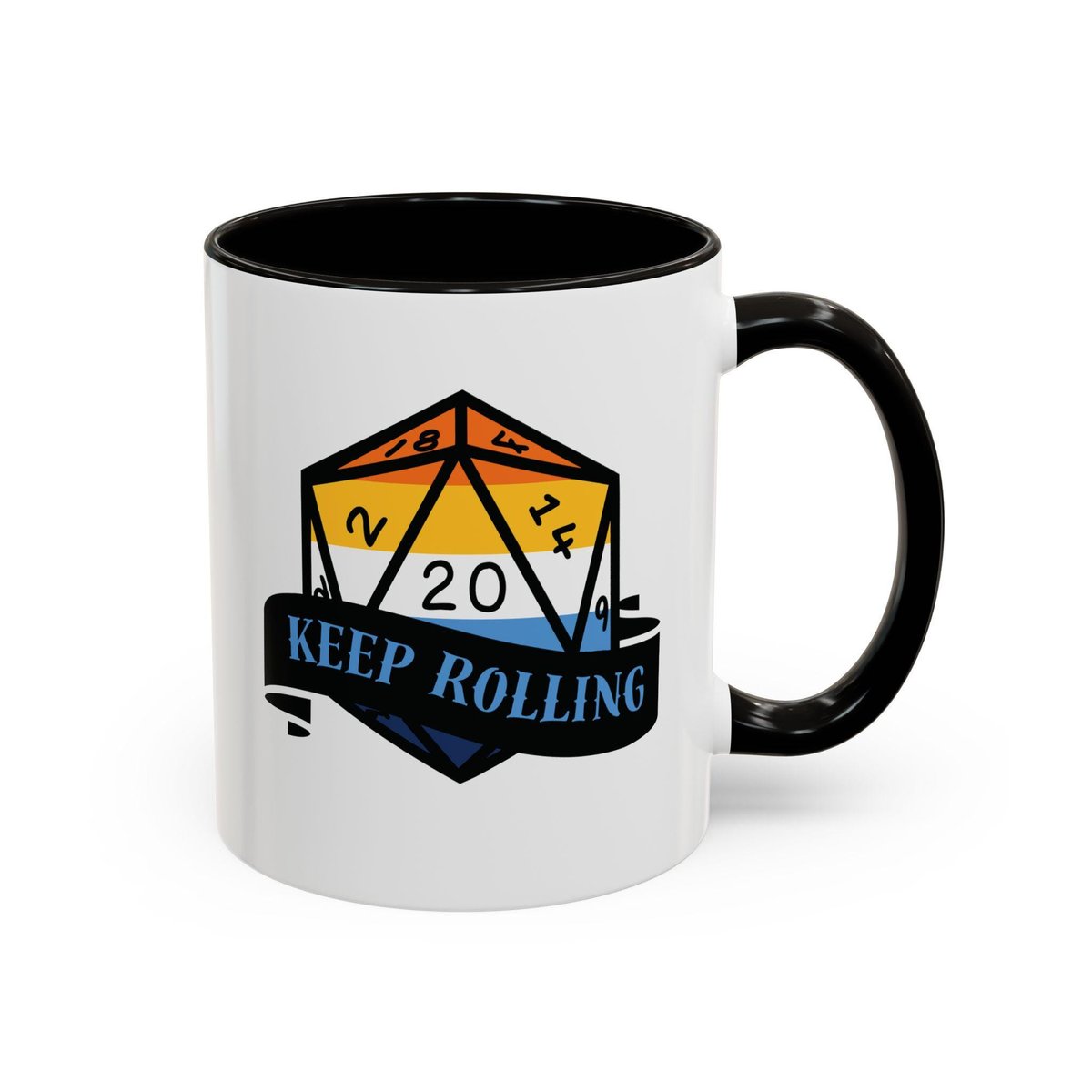 aroace flag d20 dice mug, keep rolling, rpg dice mug, cute ttrpg gift, nerdy mug gift, aroace pride flag mug