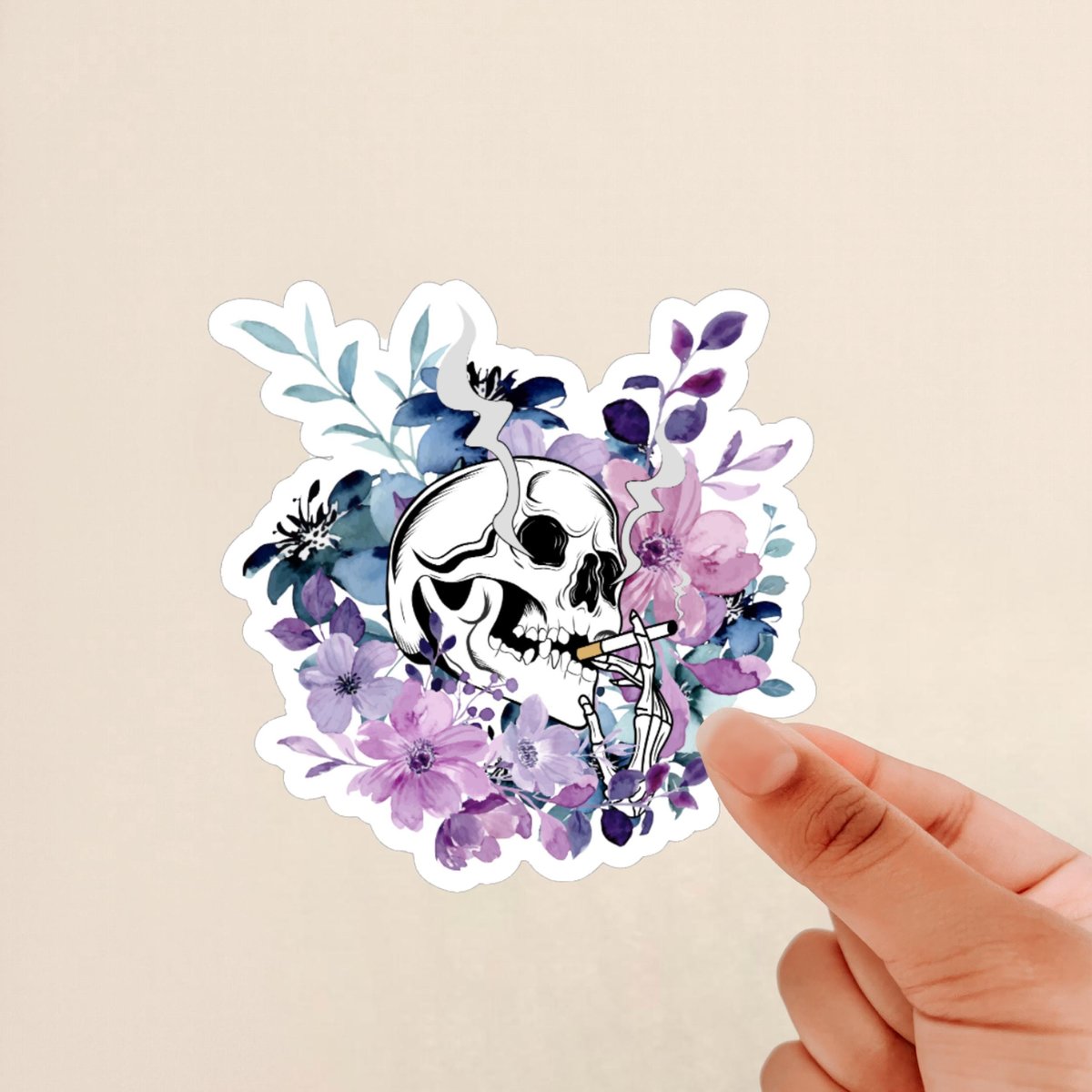 skeleton smoking in flowers sticker, skeleton sticker