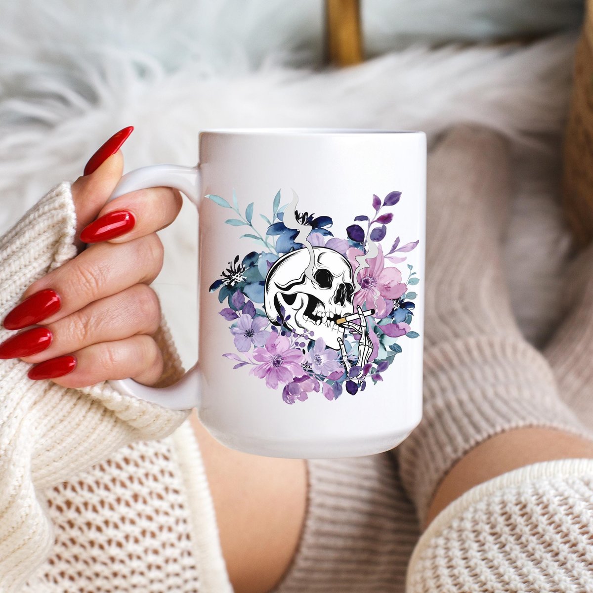 smoking skeleton in flowers, floral mug, skeleton mug, cute spooky mug, skeleton with a cigarette mug