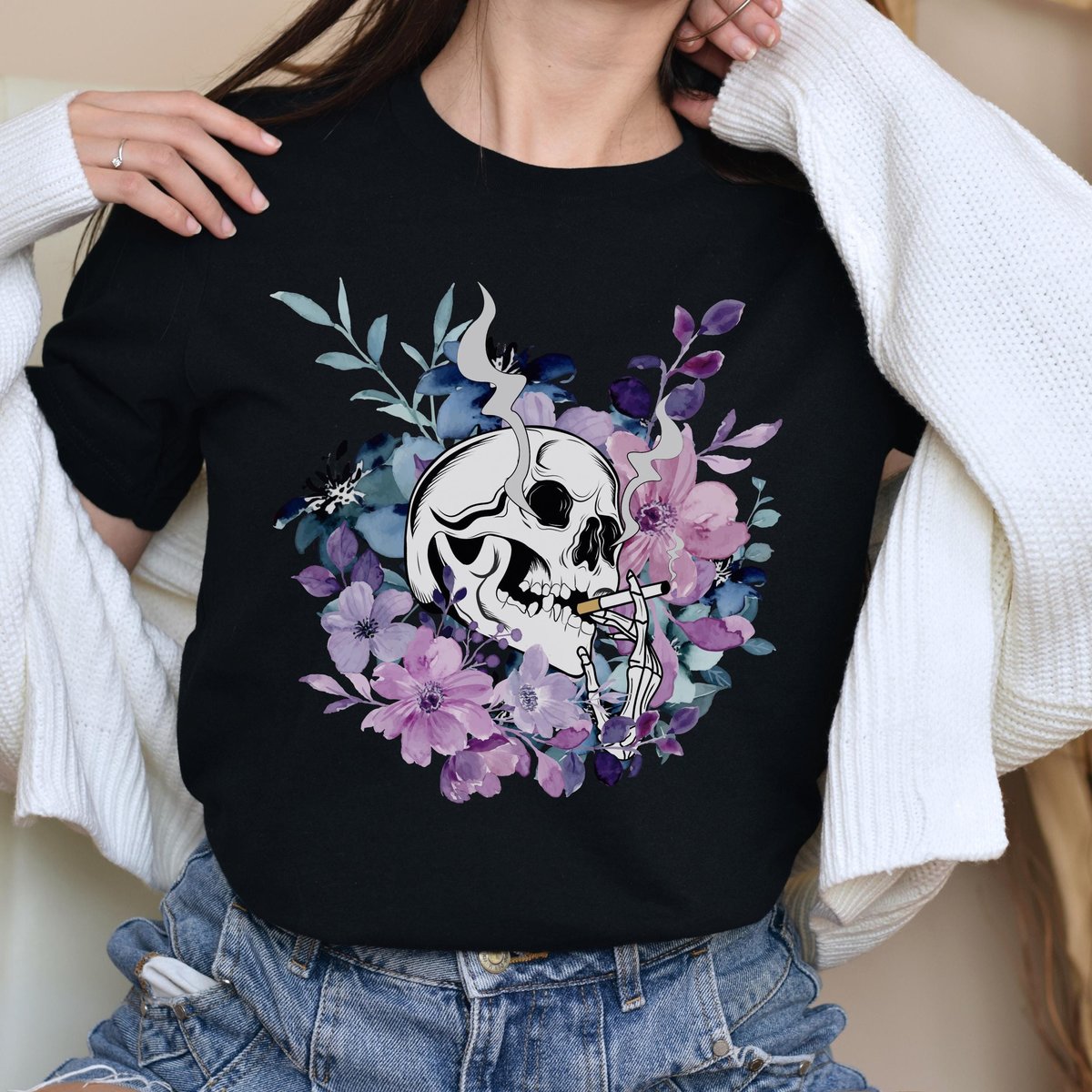 skull smoking cigarette, floral shirt, spring shirts for women, skull shirt