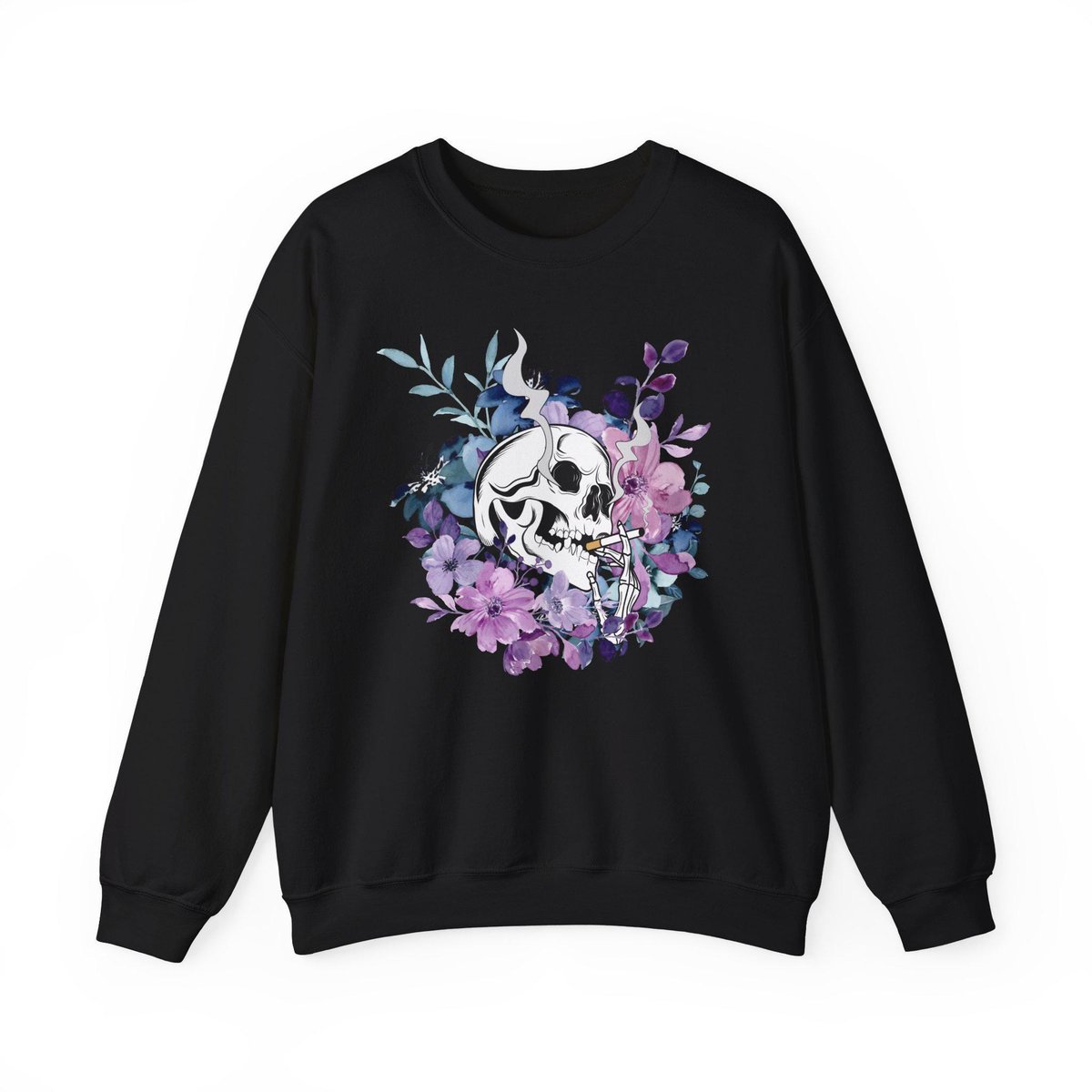 skull smoking cigarette sweatshirt, skull sweatshirt, floral sweater