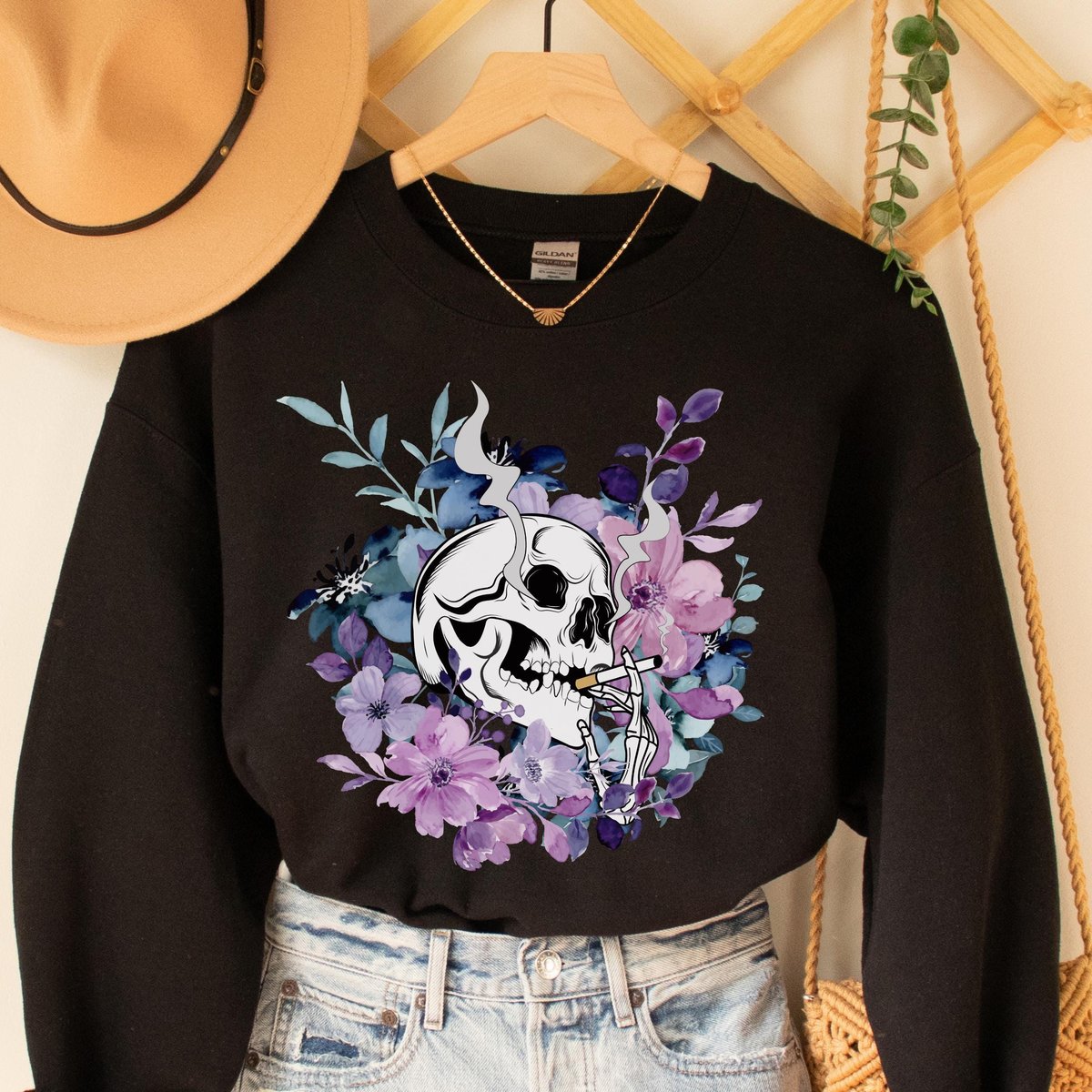 skull smoking cigarette sweatshirt, skull sweatshirt, floral sweater