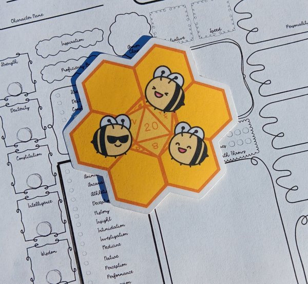 Honeycomb D20 Sticker, D20 Sticker, Dnd Sticker, Cute Dnd Sticker, Bee Sticker, Cute Bee Sticker, Glossy Sticker