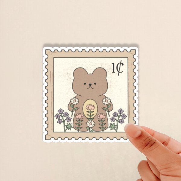 teddy bear stamp sticker, floral stamp sticker, flower sticker, stamp sticker, bear sticker