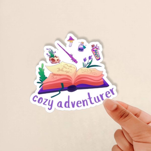 cozy adventurer reading sticker, bookworm sticker, booklover sticker, booknerd, magic sticker, wizard sticker, glossy sticker