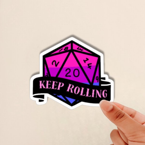 Glossy Bi Flag D20 Sticker, Keep Rolling Sticker, D20 Sticker, TTRPG Sticker, Motivation Sticker, Glossy Sticker