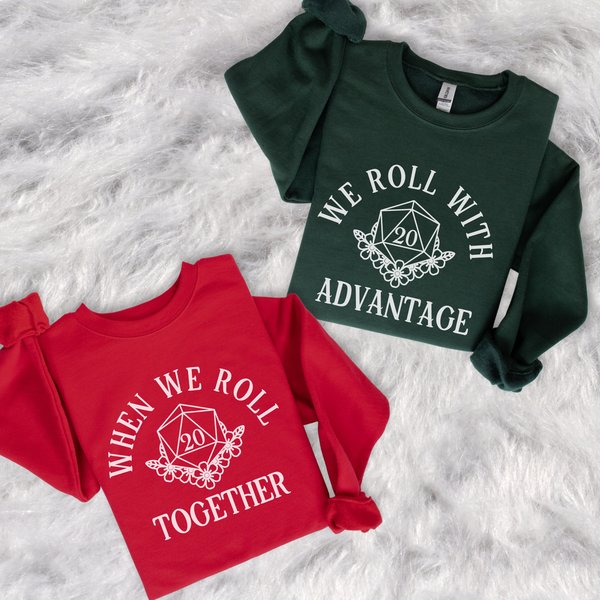 Christmas Nerdy Couple Sweatshirt, Nerdy Sweatshirts, Christmas Couple Shirts, Roll with Advantage, Friendship Shirts, RPG Player Gift