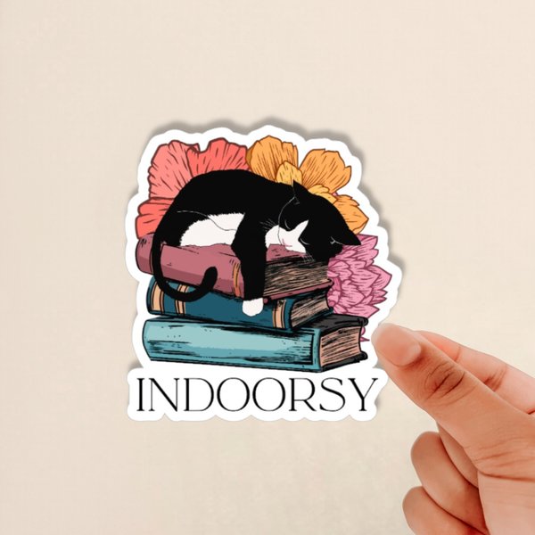 indoorsy cat sticker, booklover sticker, bookworm sticker, cat sticker, indoosy, animal sticker, book sticker, glossy sticker