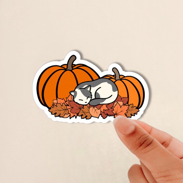 sleeping pumpkin cat, cute sleeping cat sticker, pumpkin sticker, notebook sticker, sketchbook sticker