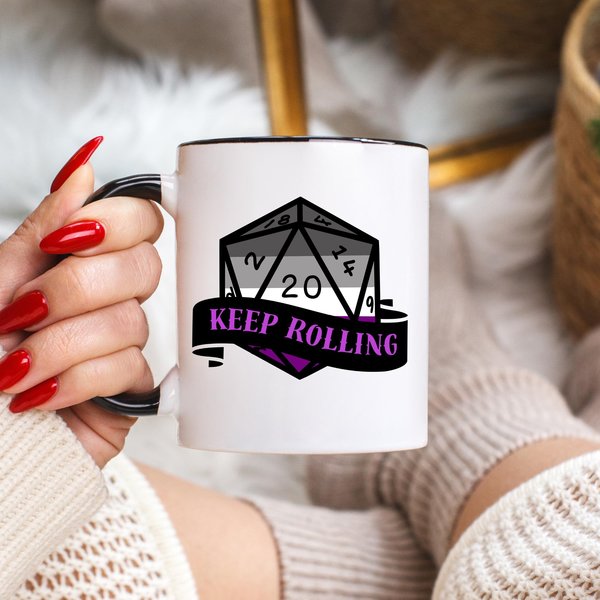 ace flag d2o dice mug, keep rolling, rpg dice mug, cute ttrpg gift, nerdy mug gift, asexual mug