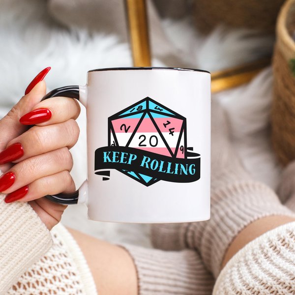 trans flag d2o dice mug, keep rolling, rpg dice mug, cute ttrpg gift, nerdy mug gift, transgender pride flag mug