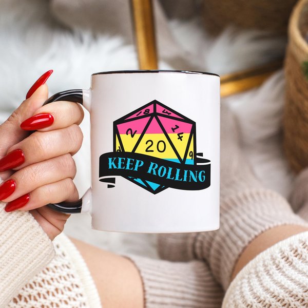 pansexual flag d2o dice mug, keep rolling, rpg dice mug, cute ttrpg gift, nerdy mug gift, pan pride flag mug