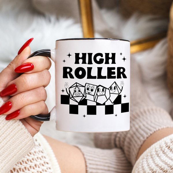 high roller mug, ttrpg dice mug, rpg dice mug, cute ttrpg gift, retro cartoon nerdy mug, gift for partner
