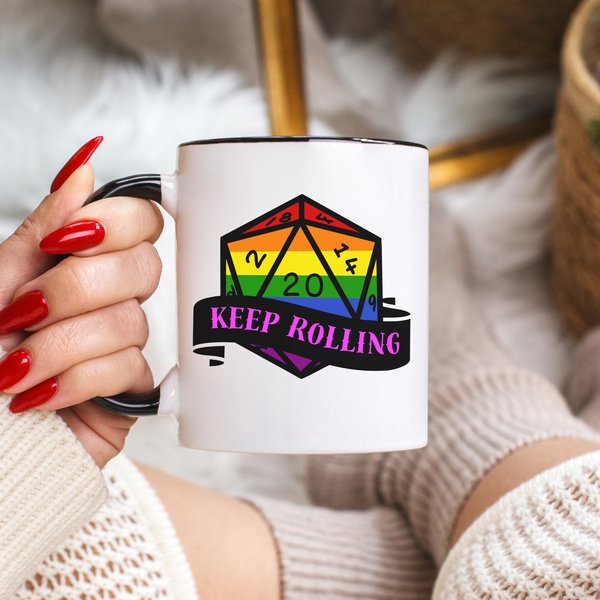 lgbt flag d2o dice mug, keep rolling, rpg dice mug, cute ttrpg gift, nerdy mug gift, pride flag mug