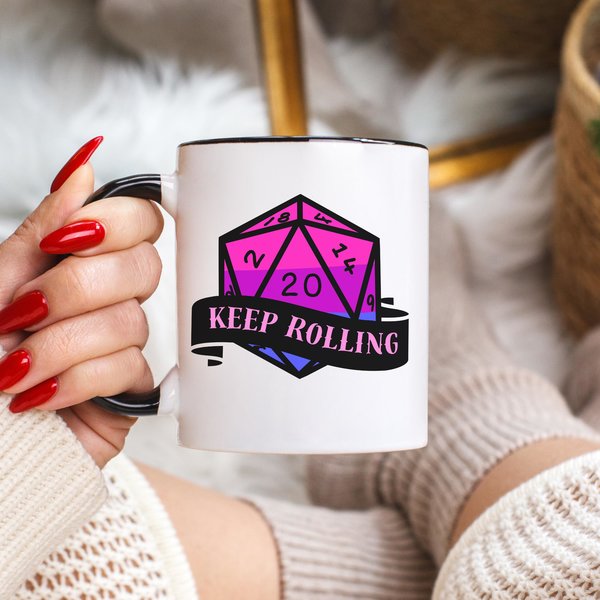 bisexual flag d20 dice mug, keep rolling, rpg dice mug, cute ttrpg gift, nerdy mug gift, bi pride flag mug