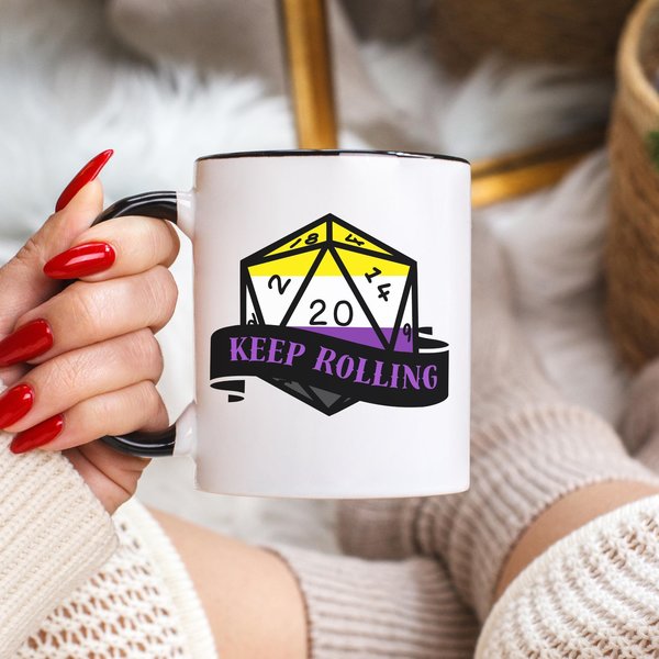 nonbinary flag d20 dice mug, keep rolling, rpg dice mug, cute ttrpg gift, nerdy mug gift, NB pride flag mug