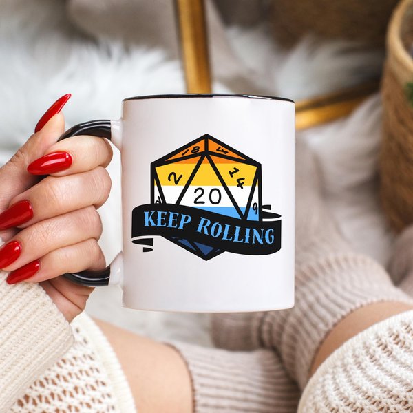 aroace flag d20 dice mug, keep rolling, rpg dice mug, cute ttrpg gift, nerdy mug gift, aroace pride flag mug