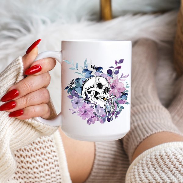 smoking skeleton in flowers, floral mug, skeleton mug, cute spooky mug, skeleton with a cigarette mug