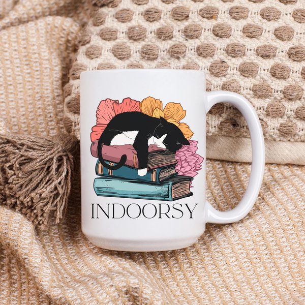 indoorsy cat mug, booklover mug, bookworm mug, cat mug, indoosy, animal mug, cat lover mug, reader mug