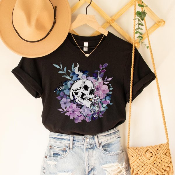 skull smoking cigarette, floral shirt, spring shirts for women, skull shirt